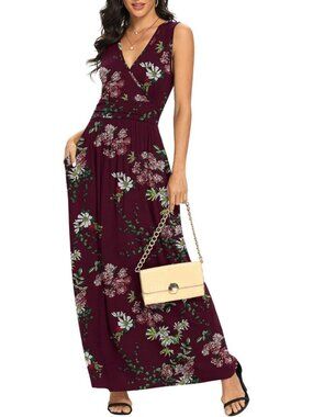 Lilbetter Women's Flower Wine Red Sleeveless Deep Loose Plain Maxi Casual Dress